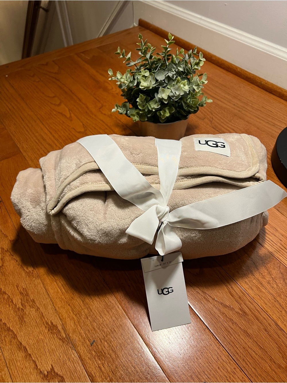 UGG Plush Throw in Light Beige with White Ribbon